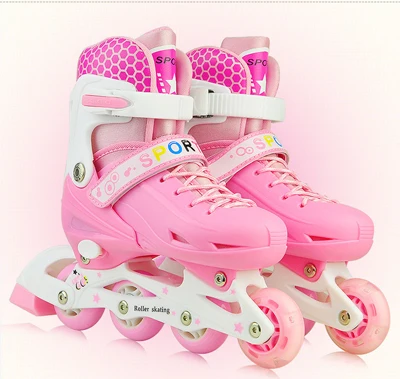 New Teenagers Children Inline Skate Roller Skating Shoes Helmet Knee Protector Gear Adjustable Flashing PU Wheels Pink Blue - Цвет: Pink S EUR 30-34