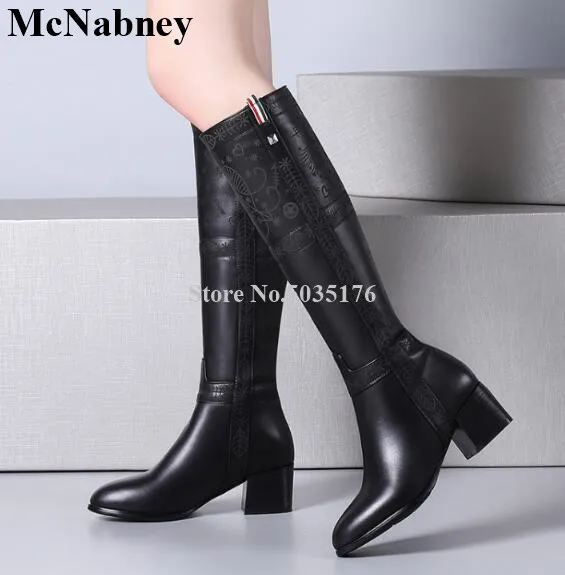 

McNabney Women Long Boots Solid Pattern Simple Slip-On Round Toe Med Heel Thick Heel Mid-Calf Ladies Boots Fashion Women Shoes