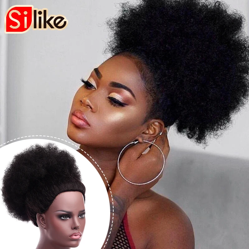 Silike Synthetische Korte Afro Puff Haar Broodje Hoge Temperatuur Trekkoord Warp Pony Tail Clip In Hair Extension Kinky Krullend Haar broodje