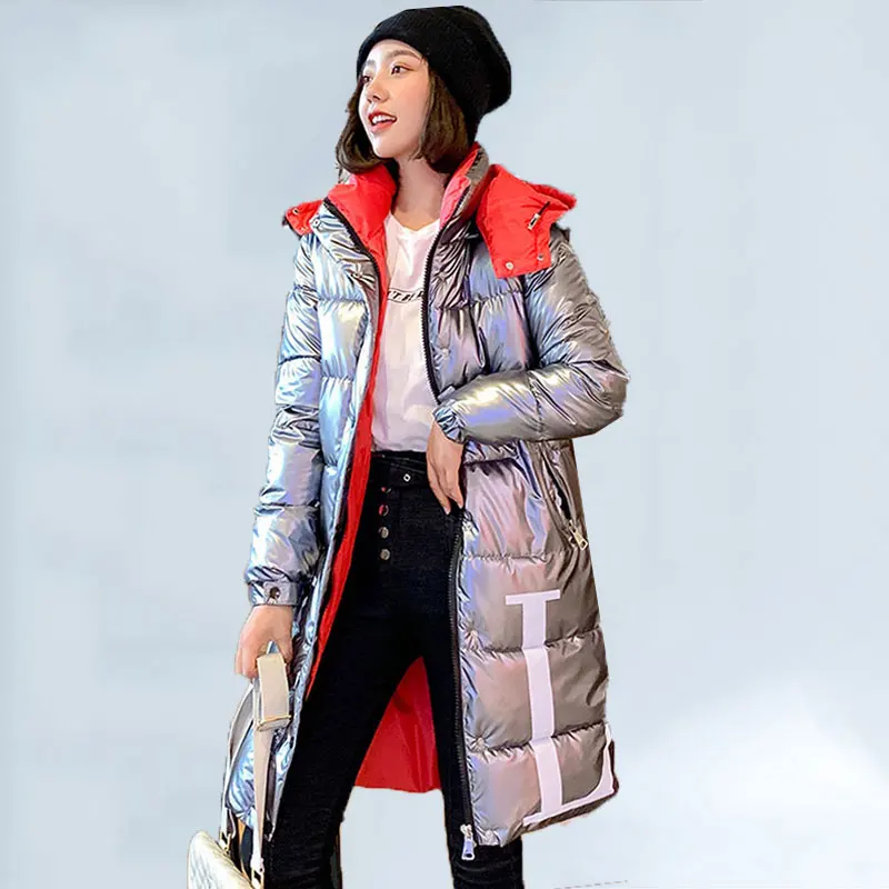 

2019 Winter New Shiny Coat Female Slim Fit long Down Jacket Thick Fur Collar Hooded Jacket Women Waterproof Snow Outerwear 226