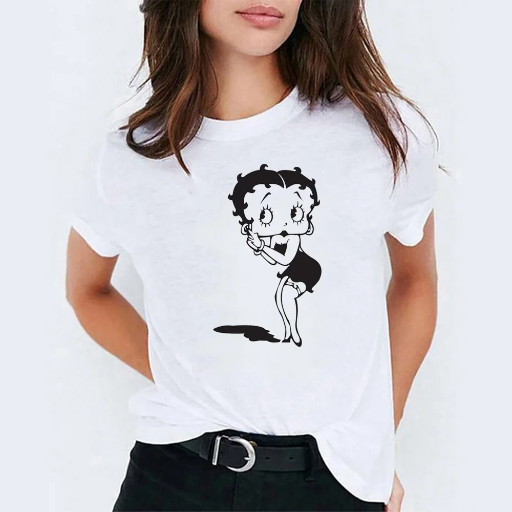 Camiseta Mujer Betty Boop езда на велосипеде Vogue принцесса мультфильм печати белый хлопок Футболка для женщин эстетический стиль Kpop футболка Femme - Цвет: 2