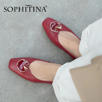 

SOPHITINA Mature Women Pumps Metal Decoration Square Toe High Quality Cow Leather Slip-On Shoes Comfortable Concise Pumps PO472