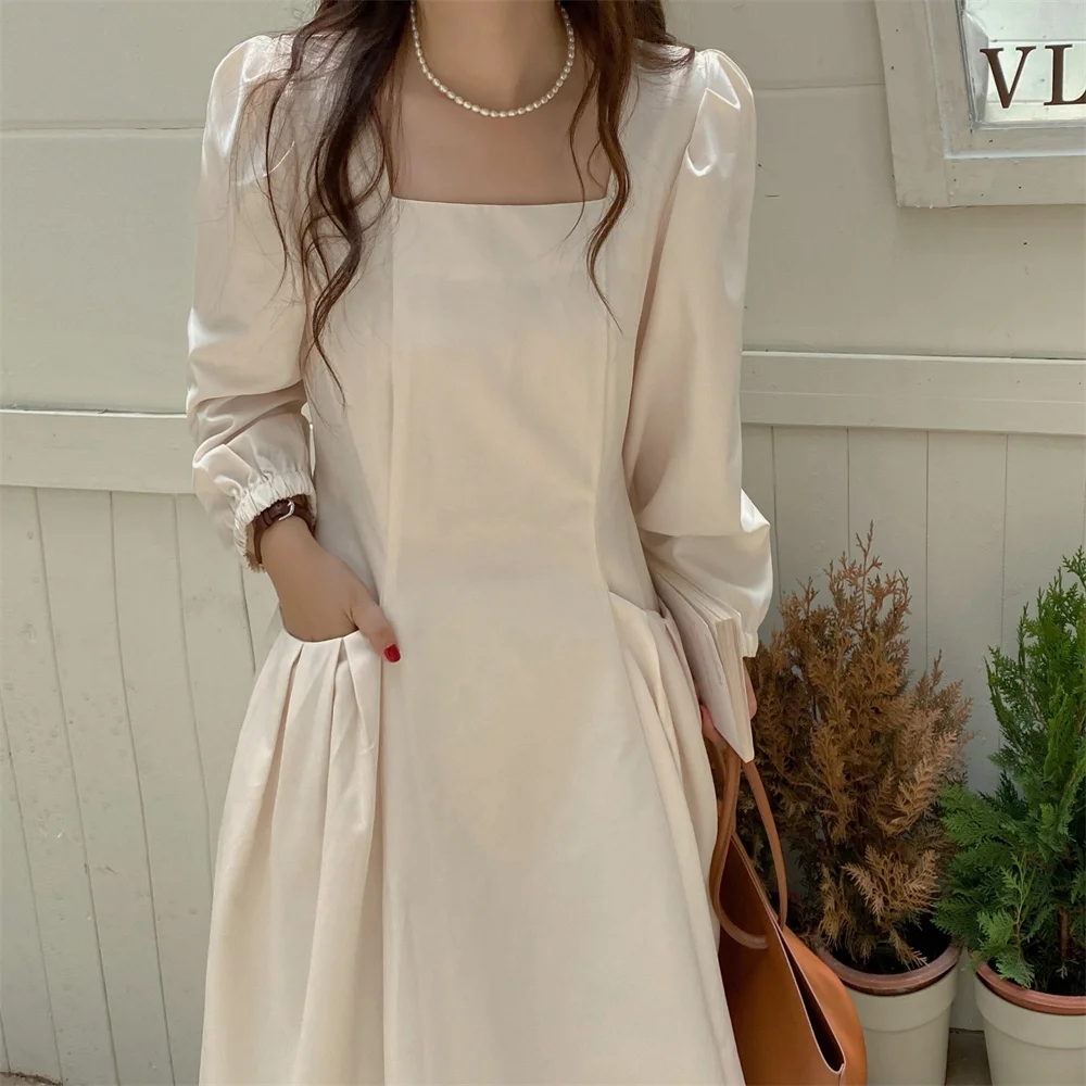 Alien Kitty French Girls Maxi Dress New Square Collar 2021 Solid Pockets Full Sleeves OL Elegant Retro Party Hot Robe Vestidos | Женская