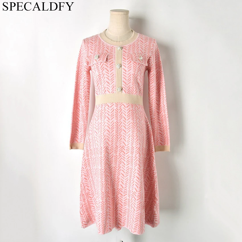 

2019 New Ladies Knit Sweater Dress Women Long Sleeve Front Button Designer Runway Dress Winter Brand Knitted Dress Robe Femme