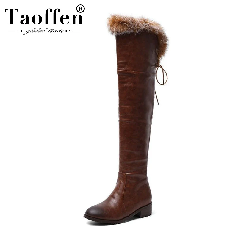 TAOFFEN/размеры 34-48; Сапоги выше колена из искусственной кожи высокого качества с Плюшевым Мехом; зимние уличные сапоги на низком каблуке на молнии; обувь