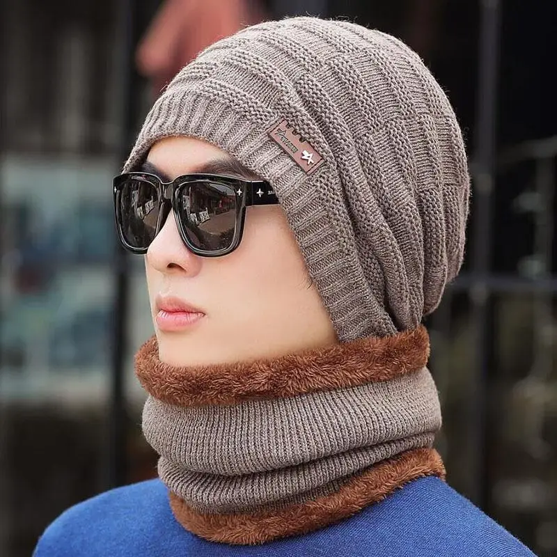 COKK зимняя шапка шарф Мужская утолщенная теплая вязаная бархатная утолщенная набор воротников наборы для женщин ветрозащитная защита ушей на открытом воздухе - Цвет: Khaki set
