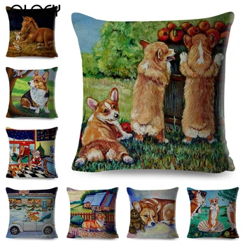 

Oil Painting Dog Pillow Case Covers Cotton Linen Animal Pattern Cushion Cover for Sofa Home Car Bed Decor