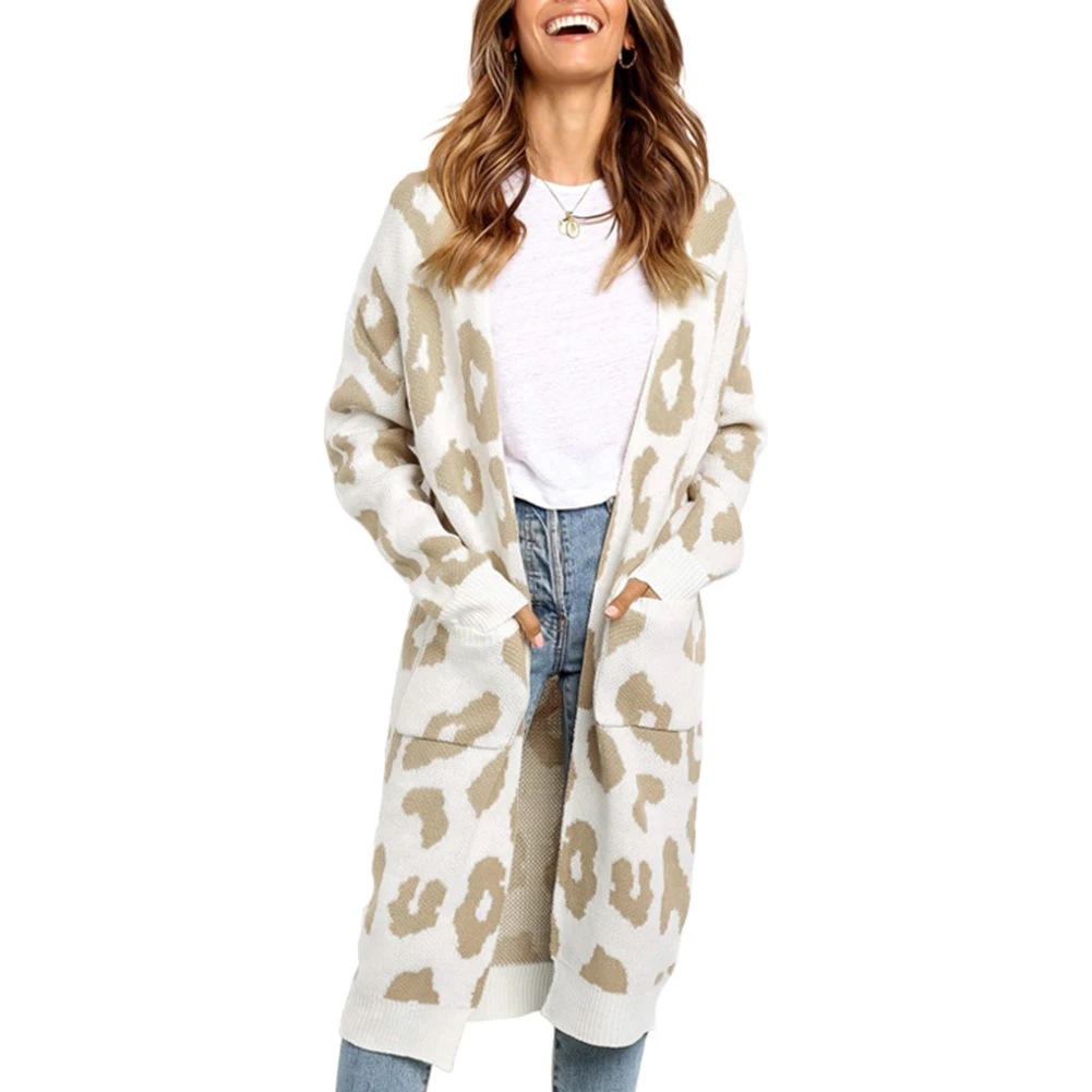 

Women Mid-Length Leopard Printed Cardigan Sweater Autumn Winter Loose Thick Knitwear Coat Knitting High Quality Dropshipping O29