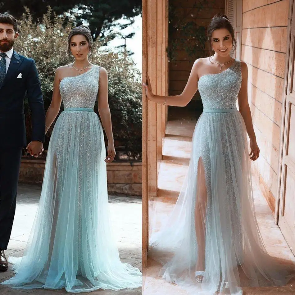 sage-arabic-prom-dresses-a-line-sweep-train