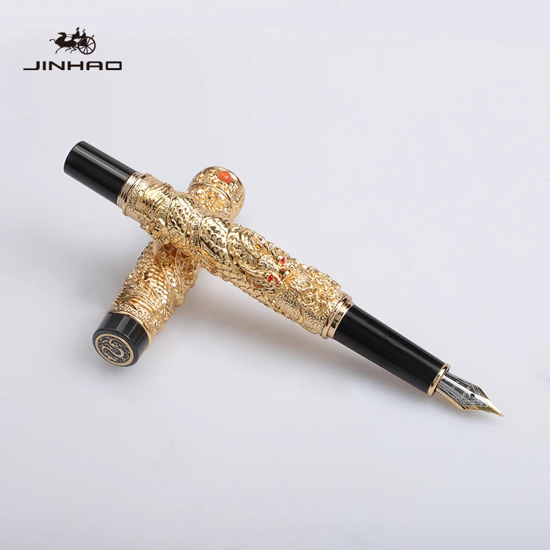 Jinhao Vintage Di Lusso Penna Stilografica Double Dragon Giocare Pearl, Antico Grigio Metallo Intagliare Goffratura Pesante Penna Collezione