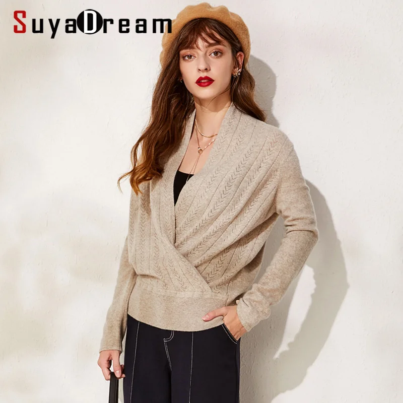 

SuyaDream Bat Sleeved V neck Wool Pullovers 100%Wool Office Laidy Sweaters 2019 Autumn Winter Knitwear