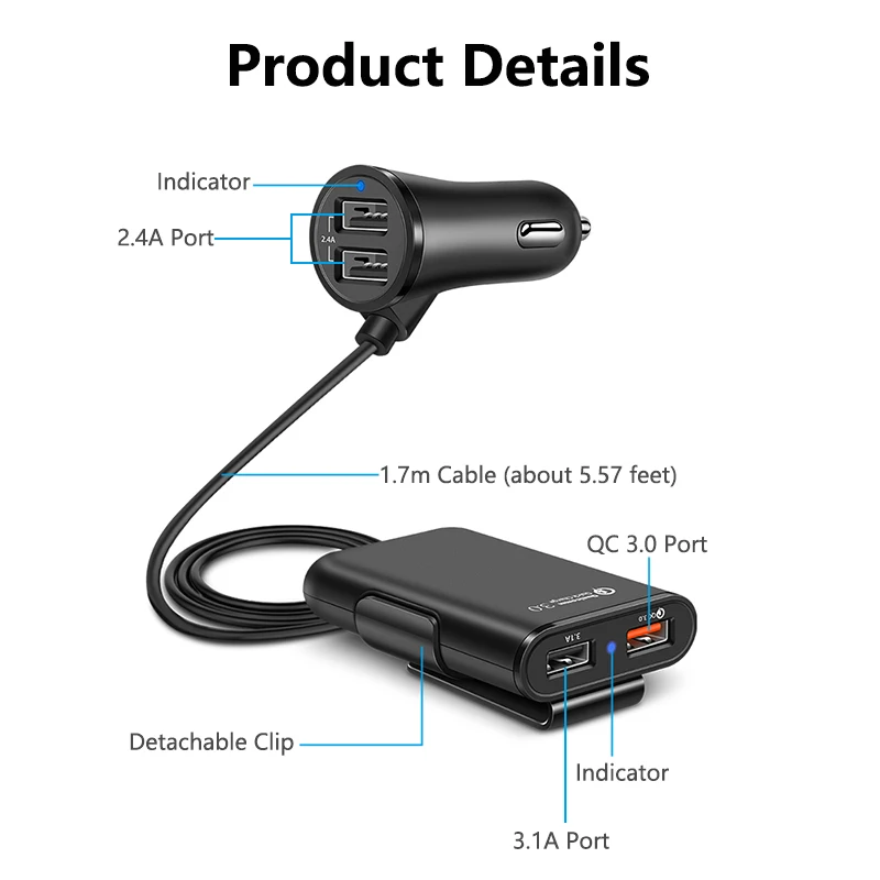 4 USB порта, автомобильное зарядное устройство для мобильного телефона, разветвитель, адаптер для прикуривателя на заднее сиденье, быстрая зарядка QC 3,0, быстрое зарядное устройство 12 В
