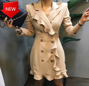 

Full Sleeve Blazer Dresses Elegant Women Office Lady Suit Type Dress Spring 2020 Fashion Ruffles Patchwork Loose Notched