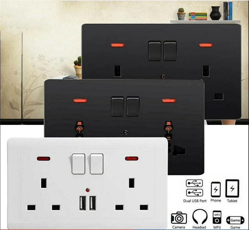 

UK Plug Double Wall Plug Socket 2 Gang 1 Gang 13A with 2 USB Charger Port Outlets Plate UK Standard Dual USB Wall Socket Adapter