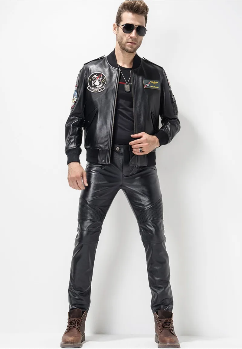 Flash Deal European Autumn Winter Slim Mens Full Length Cowhide Pants Windproof Thick Moto Biker Pleated Genuine Leather Male Pencil Pants 3