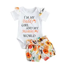 2PCS Outfits Set Baby Girls Clothes Infant Fashion Girls Clothing Set Letter Jumpsuit+Floral Shorts Girls Kids Summer Clothes