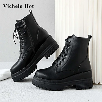 

Vichelo Hot winter new arrival natural leather round toe med heel Korean street girls dating shoes women lace up ankle boots L13