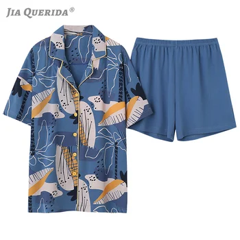 

New Lady's Summer Shorts Pajamas Set Short Sleeves & Pants Graffiti Printing Cardigan Preppy Blue Chic Women's Sleep Wear Suits