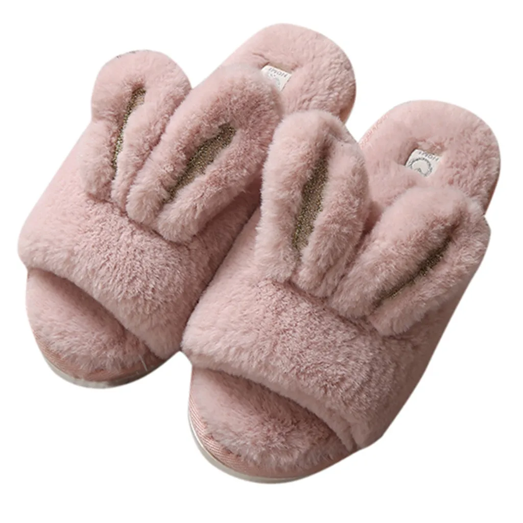 Pink 2 Домашние Нескользящие хлопковые тапочки унисекс; милые зимние домашние тапочки с открытым носком и заячьими ушками; большие размеры; обувь на плоской подошве; sapato masculino - Цвет: Pink 2
