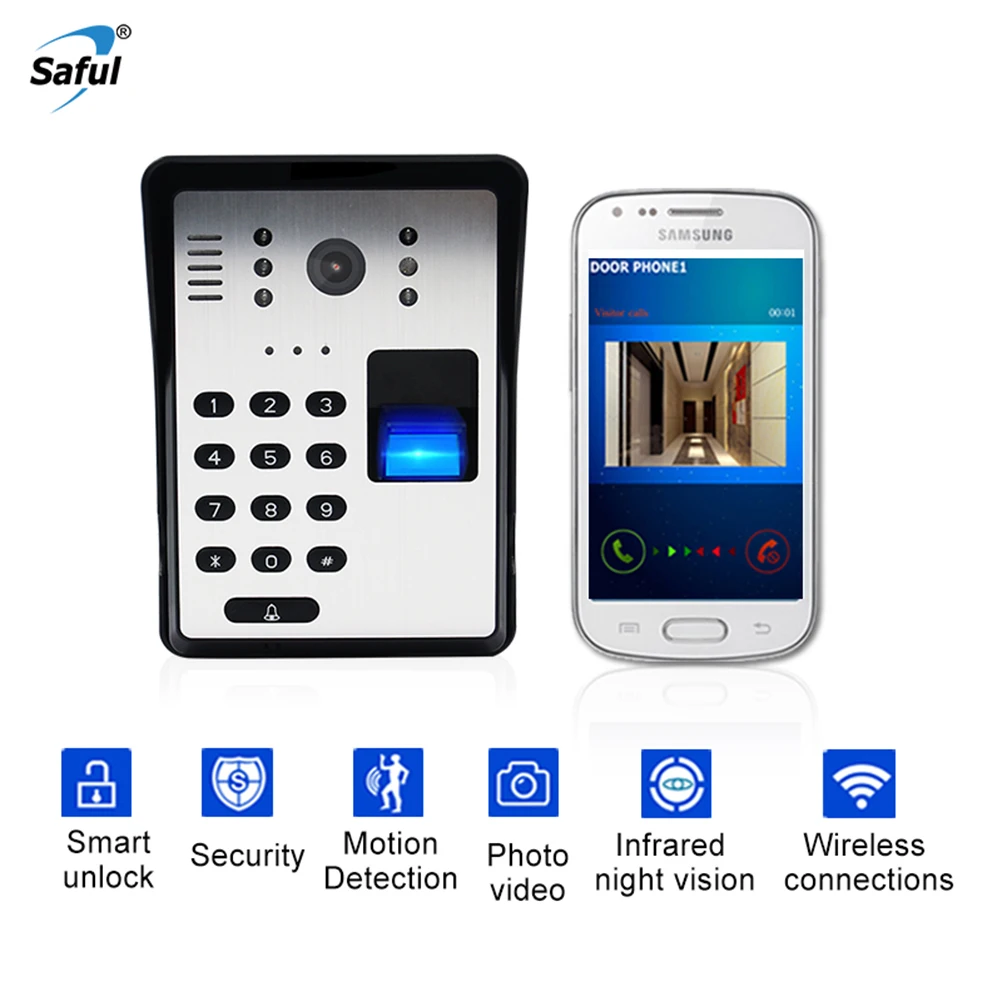 Saful Wifi Video Door Phone Smart Wireless Doorbell RFID Password Door Phone Intercom Fingerprint Unlock Mobile Video Doorbell