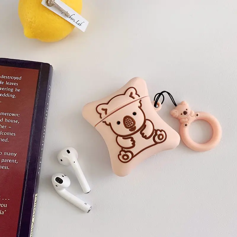 Чехол для AirPods в Корейском стиле с милыми 3D медведями, кожухи головных телефонов для Apple Airpods, защитный чехол с кольцом для пальцев - Цвет: Bear Pink-YU