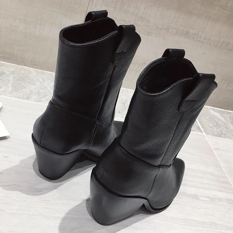 Concise Western Boots Women Heels Shoes Leather Pointed Toe Casual Winter Bootee Female Short Bootee Woman Low Heel Plus Size 41