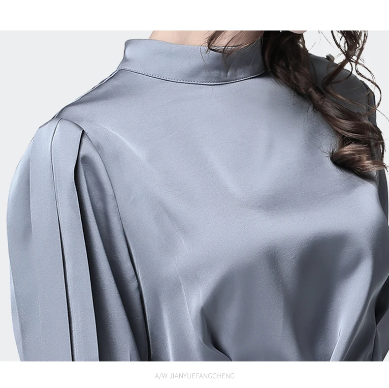 Женская атласная блузка с поясом свободные плюс размер модные серебряные серые топы и блузки воротник стойка семь рукав Женская Повседневная Блузка