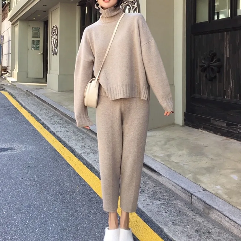 

2019 Autumn Winter knitted tracksuit turtleneck sweatshirts women suit clothing 2 piece set knit pant female pants suit