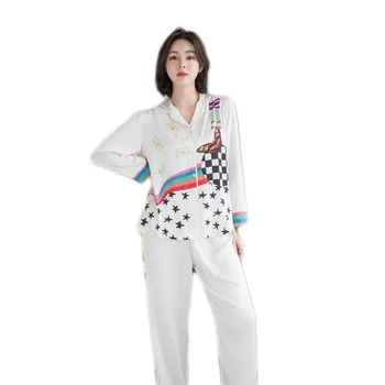 

Wmyqdlq Pajamas Women Spring And Autumn Thin Long-Sleeved Trousers Suit Simulation Silk Cardigan Casual Home Wear