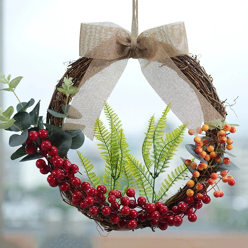 Christmas Artificial Red Berry Wreath Green Leaf Lattice Bow Half-covered Hanging Flower Ring Day Decoration | Дом и сад