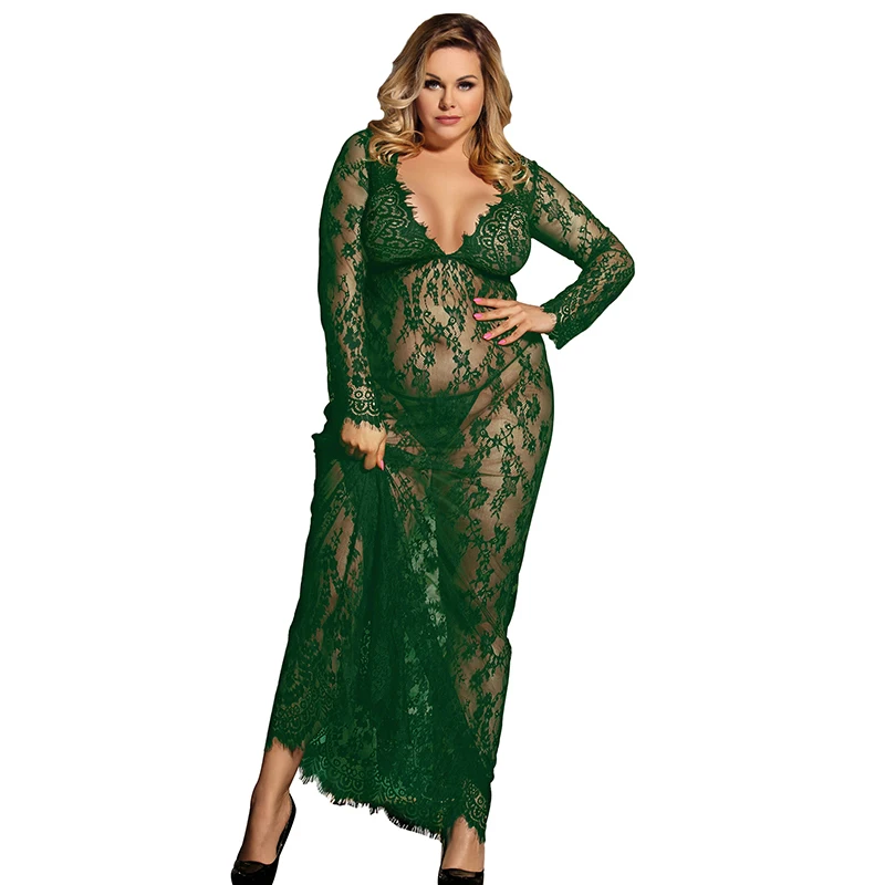 Green lingerie Цветочная кружевная ночная рубашка с длинным рукавом, сексуальное просвечивающее длинное женское белье, v-образная Пижама, длинное платье, нижнее белье RW80497 - Цвет: Green lingerie