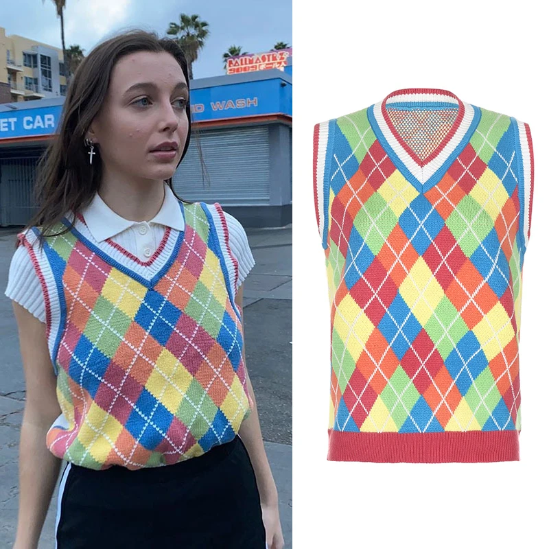 

Sweater Vest Female Sleeveless Knitted Loose Gilet V Neck Vintage Argyle Y2k Cropped Waistcoat Plaid Tank Top Jumper Patchwork