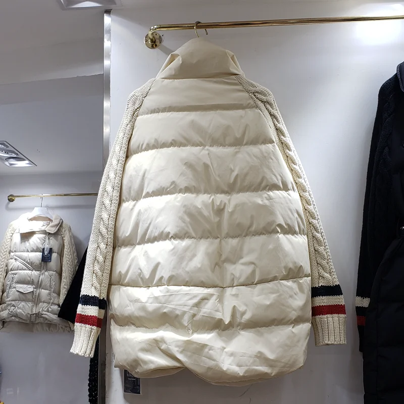 Женское пуховое пальто, зима, новинка, на завязках, вязанное, с кручеными рукавами, искусственный, из двух частей, пуховик для женщин, куртка, Дамская