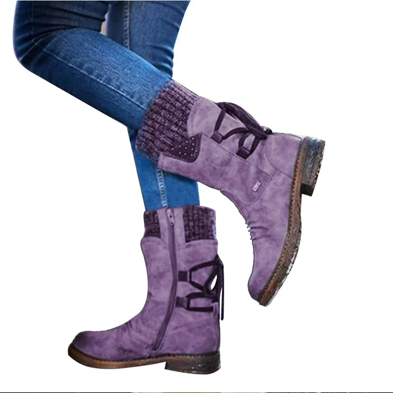 Г. Женские ботинки зимние сапоги из PU искусственной кожи до середины икры, сапоги с задней шнуровкой, дизайнерские ботинки однотонная обувь на низком каблуке Женская обувь - Цвет: purple