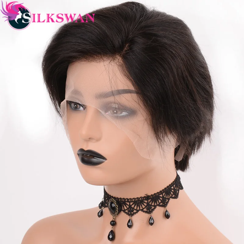 Silkswan короткие Pixie Cut Искусственные парики человеческие волосы парики Remy 150 Плотность 1B цвет натуральный короткие Искусственные парики для