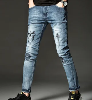 

Mens hop-hip Skull Embroidery Jeans Soft Stretch Cotton Denim Slim Light Blue Jeans Vintage Casual Streetwear Pants