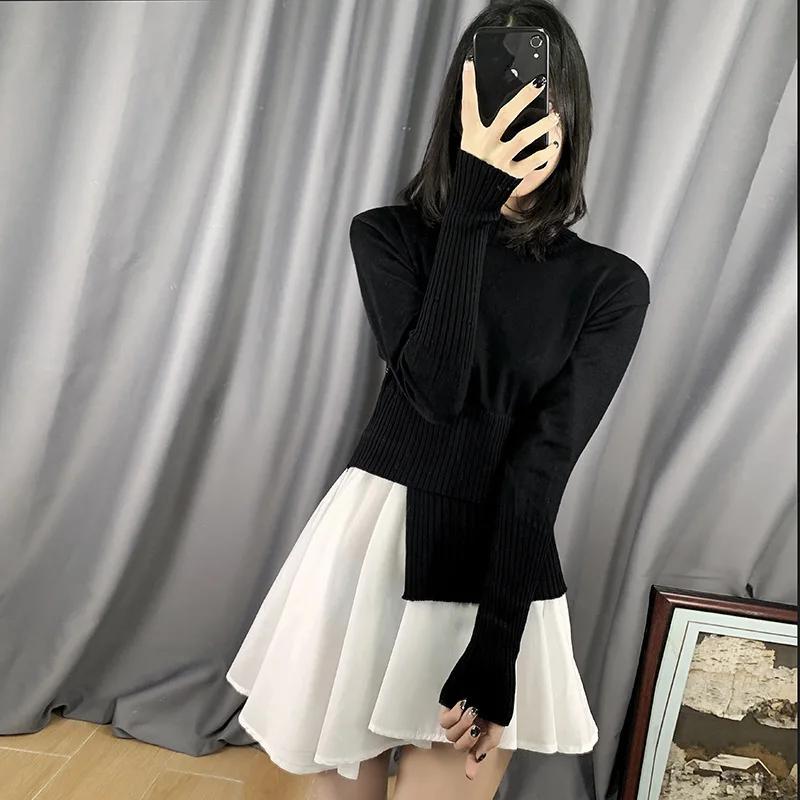 

LANMREM Black Long-sleeved Round Neck Knit Sweater Stitching Irregular Woman Dress Casual Simple Fashion 2019 Autumn New TV728