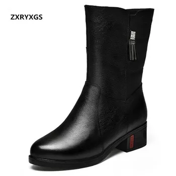 

New Fashion Plus Size Autumn Winter Boots Women's Boots Rhinestone Genuine Leather Boots Thick Heel Shoes In-tube Knight Boots