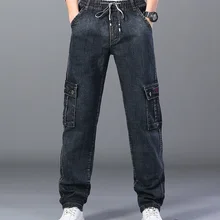 Pantalones vaqueros elásticos supersueltos para hombre, Pantalón recto de cintura alta, de gran tamaño, cintura elástica, entrepierna profunda