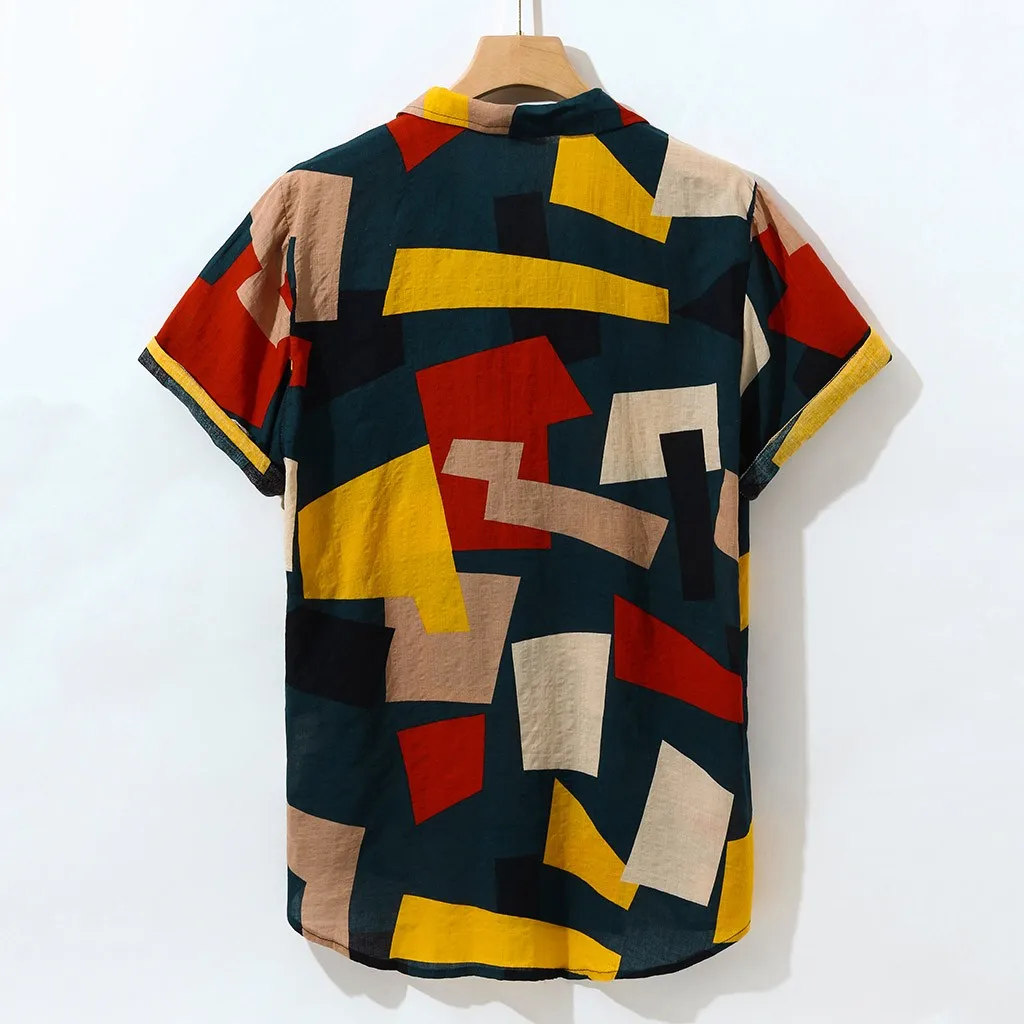 Хлопковая мужская гавайская рубашка с отложным воротником с геометрическим принтом летние рубашки Повседневная Уличная мужская одежда Camisa Masculina