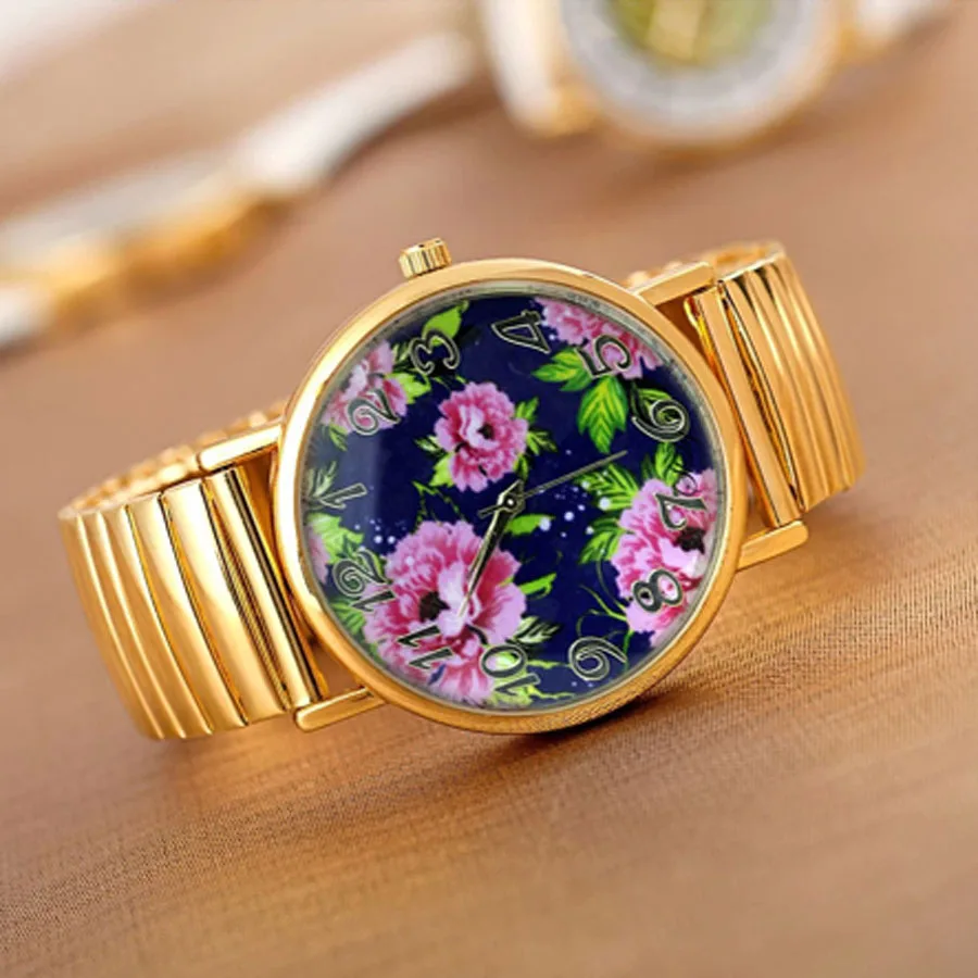 Shsby Hot Sale  High Quality Gold Elastic Stainless Watches Women Dress Quartz Wristwatch New Arrival Ladies Flower Watches 5