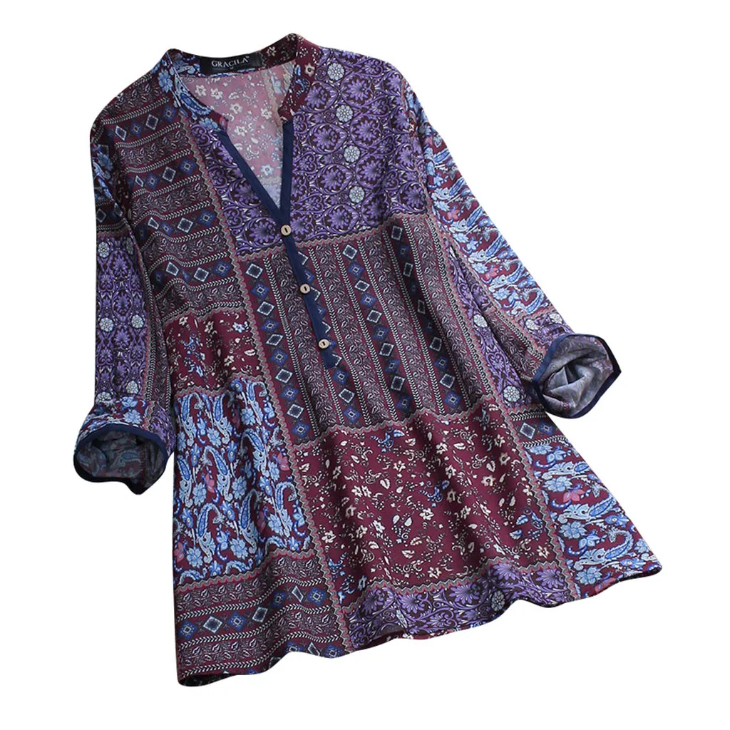 Женские блузки размера плюс с длинным рукавом, винтажные Женские топы с принтом s и блузки, туники, женские топы, модная женская одежда - Цвет: Фиолетовый