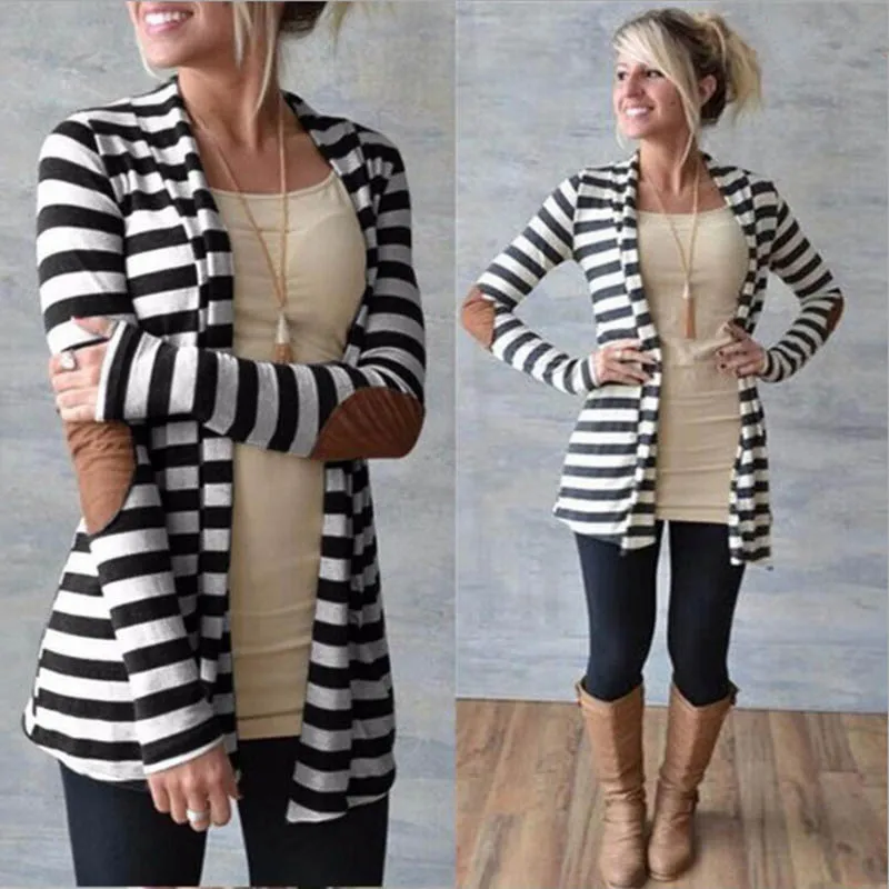 

Spring Cardigan Women Long Sleeve Striped Printed Casual Elbow Patchwork Knitted Sweater Plus Size Outerwear