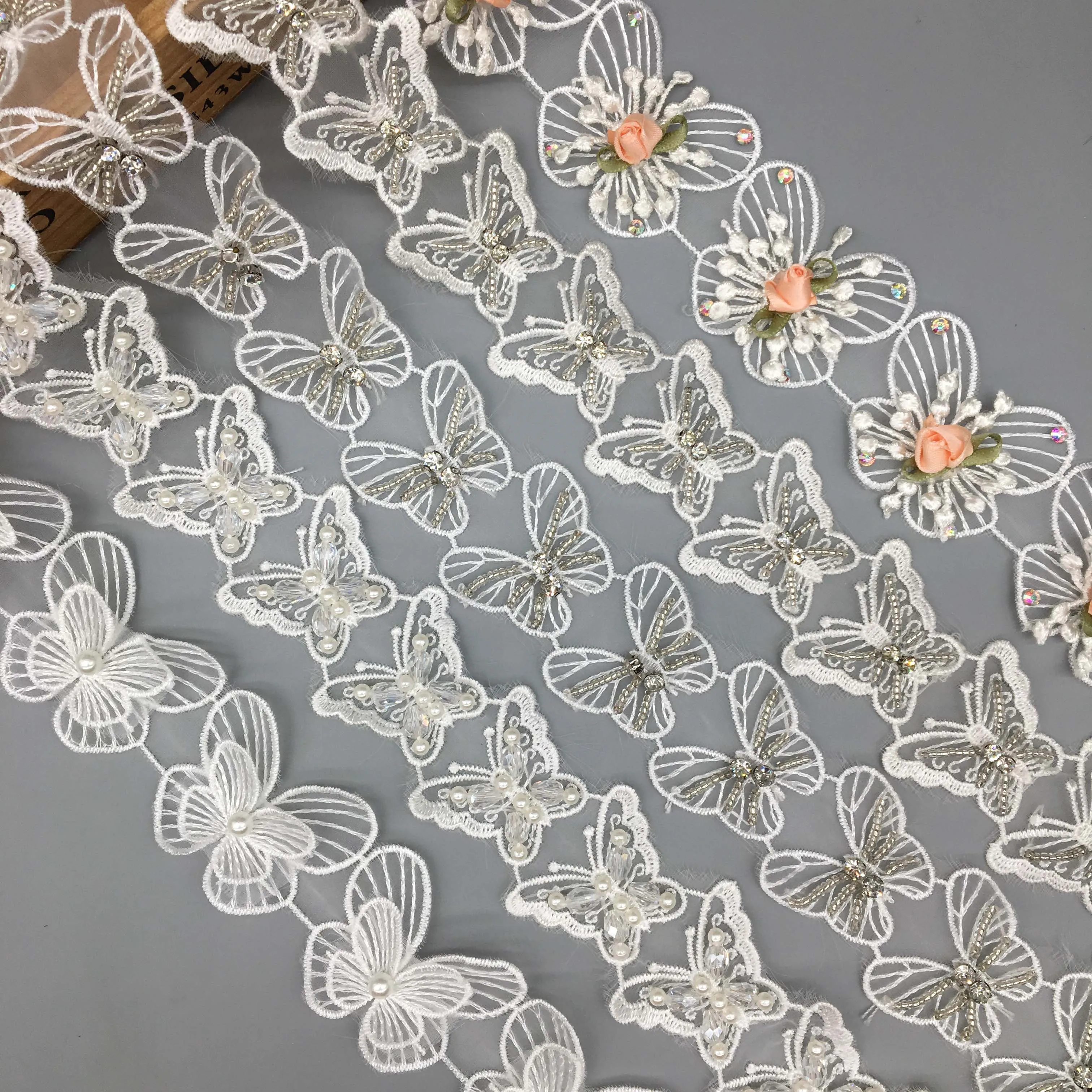 1 Yard Embroidered Pearl Beads Trim Ribbon Sewing Applique DIY Wedding Decor