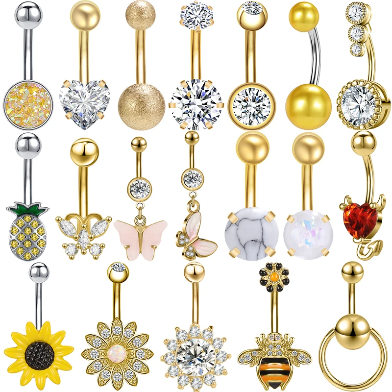 Zs 14G Vergulde Navelpiercing Rvs Zircona Hart Bloem Navel Piercing