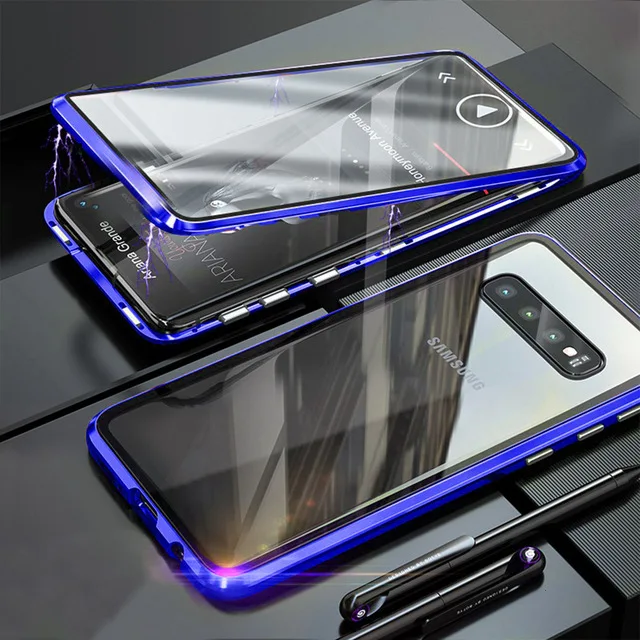 Blue Магнитный закаленное Двусторонняя Стекло чехол для samsung Galaxy A50 A70 Note10 Pro 8 9 S8 S9 S10e A7 A8 A9 плюс M10 металлические чехлы - Цвет: Blue
