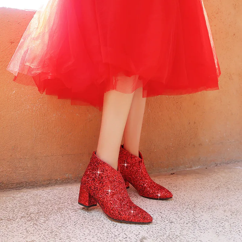 

2019 New Block High Heels Bling Bride Party Wedding Shoes Red Silver Ladies Shoes Ankle Boots Large Size Autumn Spring