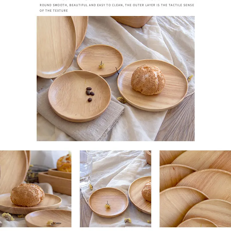 Rubber Wood Round Japanese Dinner Plate Rectangle Serving Tray Beef Steak Fruit Snack Tray Restaurant Food Cutlery Storage Plate