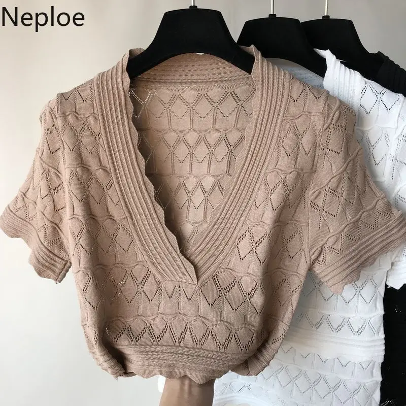 Neploe, вязанные женские футболки, лето, модные, v-образный вырез, короткий рукав, женские футболки, повседневные, одноцветные, открытые, женские топы 44203