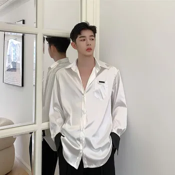 

New Male Streetwear Vintage Loose Dress Shirts Men Silky Material College Style Tie Retro Fashion Casual Long Sleeve Shirts